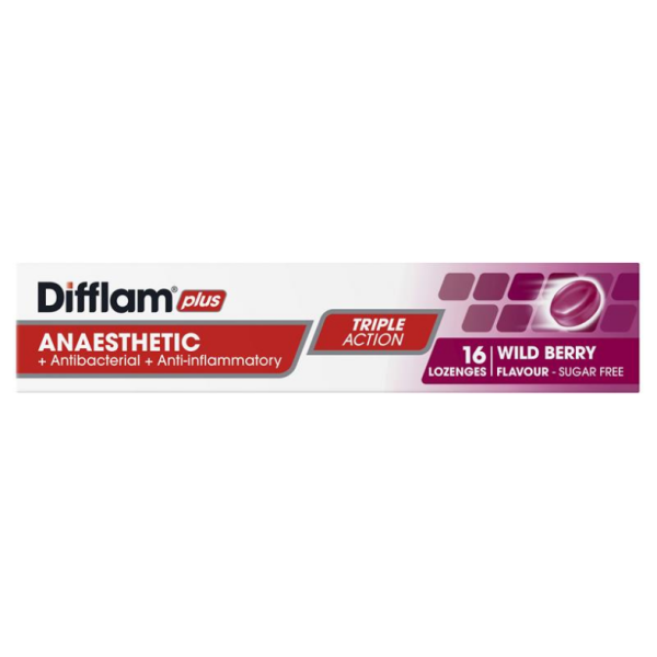 Difflam Rasp Difflam Plus Anaesthetic Sugar Free Wild Berry Lozenges - The Friendlies